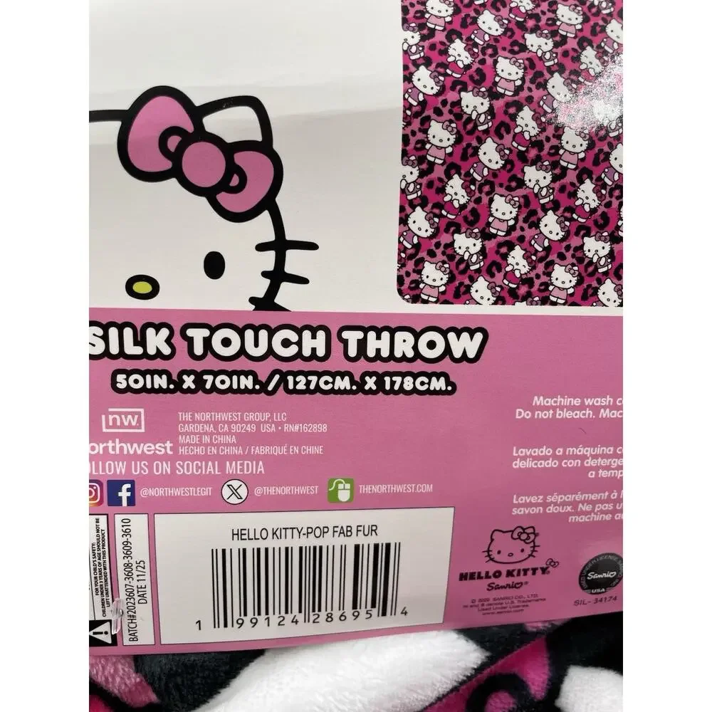 Hello Kitty Pink Leopard Print Silk Touch Throw Blanket 50x70 NWT!